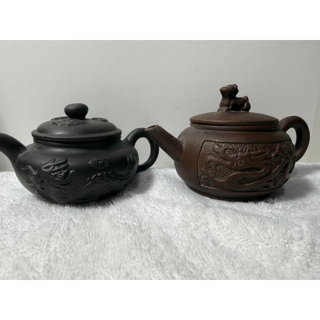 3 Vintage 20th Century Chinese YiXing Small Teapots. 2 Dragon Motif Teapots, plus one classic deep brawn zisha teapot **...