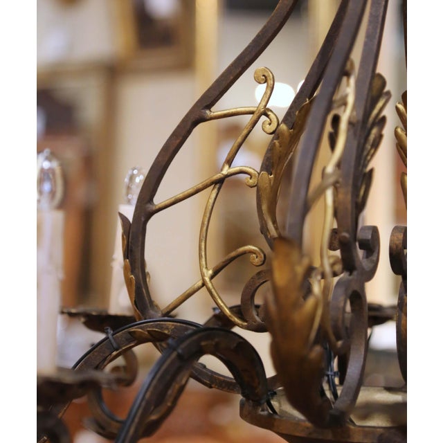Brown Mid Century French Louis XV Verdigris & Gilt Wrought Iron Eight-Light Chandelier For Sale - Image 8 of 10