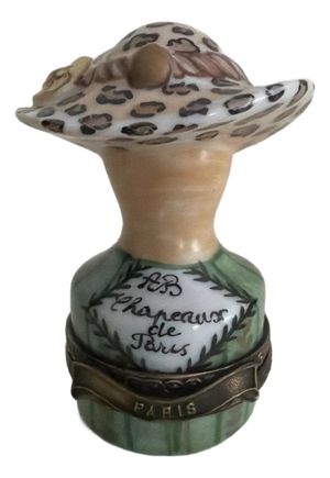 Lovely Chanille Limoges Trinket Box Chapeaux De Paris Vert / Green with a zebra print (Retired)