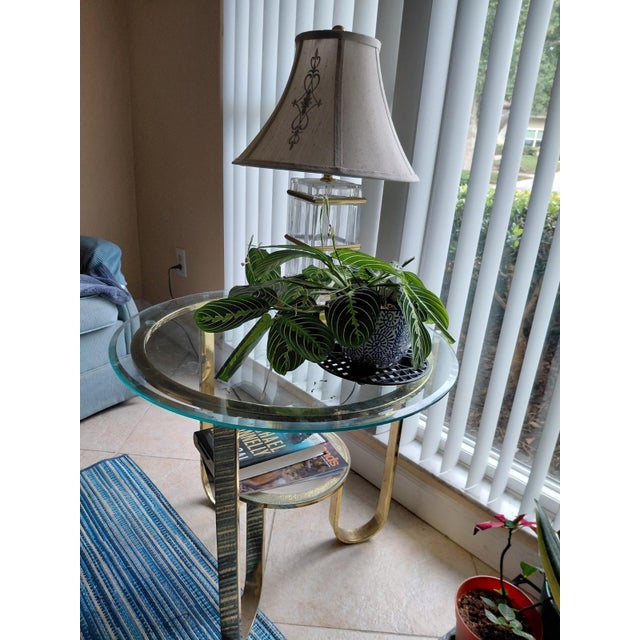 Vintage Modernist Hollywood Regency Round Brass Metal Side Table, structurally sound Measurements (approx): frame without...