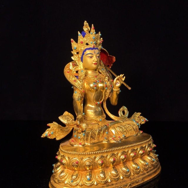 Traditional Vintage Gilt Bronze Figure of White Umbrella Goddess With Gemstone Inlay For Sale - Image 3 of 9