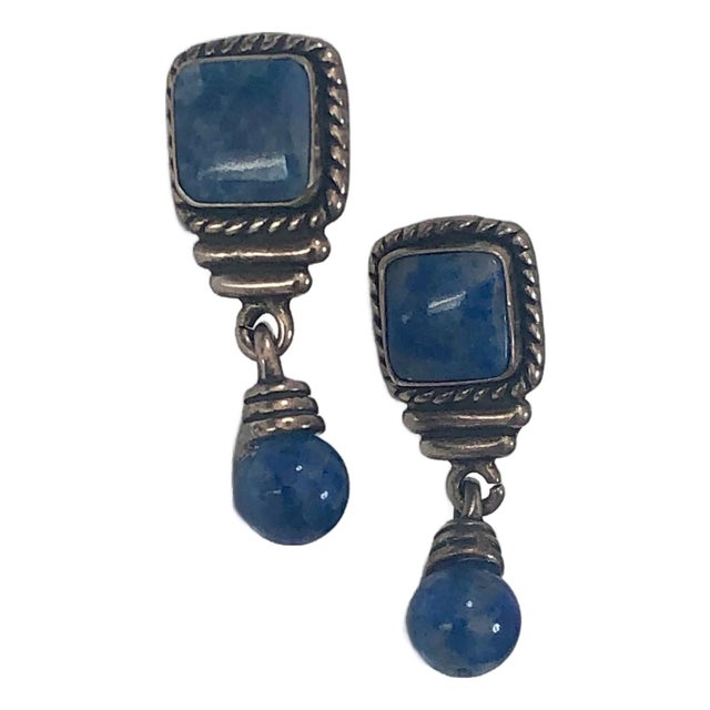 Late 20th Century Native American Style Lapis Lazuli Sterling Drop Earrings, A Pair For Sale