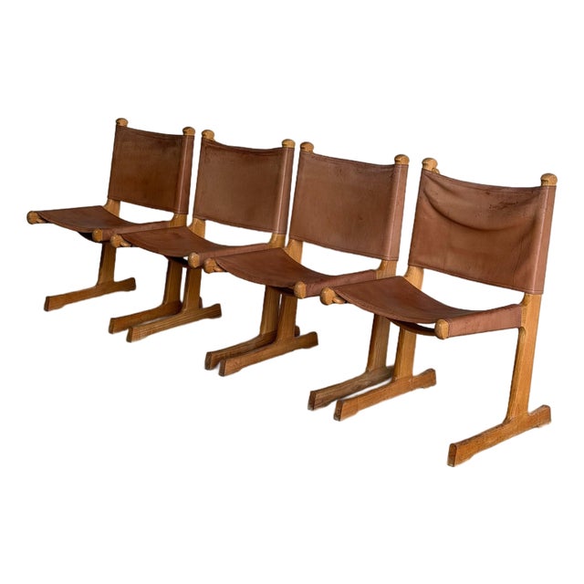 Saddle Brown Leather Dining Chairs Set of 4 Mid-Century Modern 1970s For Sale
