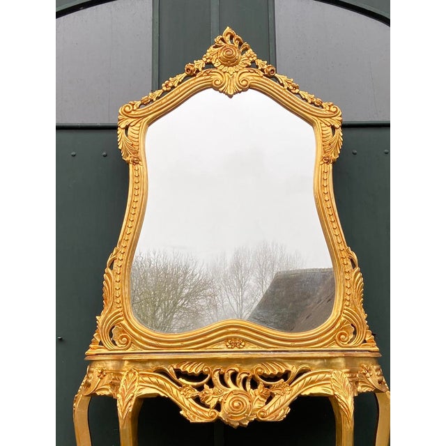 Gold Mid 20thC French Louis XVI Rococo Gold Console Table With Mirror - Set of 2 Pc For Sale - Image 8 of 11