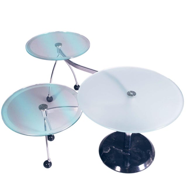 Modern Space Ages 1970s triple round coffee table by NAOS , with two rotating satellites in sandblasted crystal, chromed...