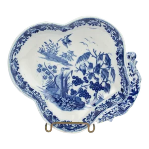 19c English Pearlware Blue Transferware Shrimp Dish - Chinoiserie Birds Pc