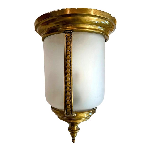 Vintage Victorian Frosted Glass/Brass Flush Mount Ceiling Light For Sale