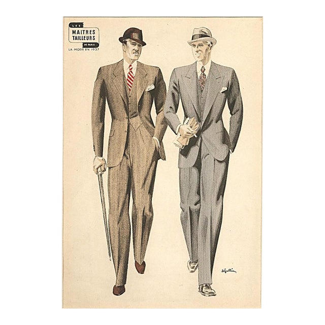 1937 French Art Deco Men's Tailoring Llithograph, Matted For Sale