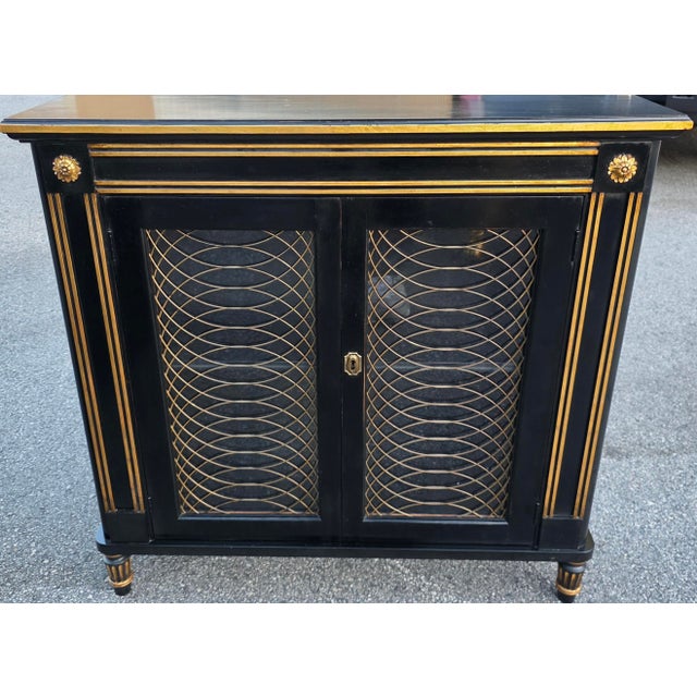 Late 20th Century Pair of Baker Furniture Neoclassical Black Lacquer and Gilt Cabinets With Decorative Wire-Mesh Grille Doors For Sale In Washington DC - Image 6 of 17