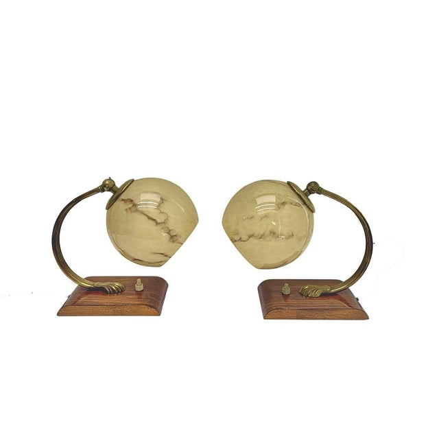 Art Deco Austrian Walnut and Glass Bedside Table Lamps, 1930s, Set of 2 For Sale - Image 12 of 13