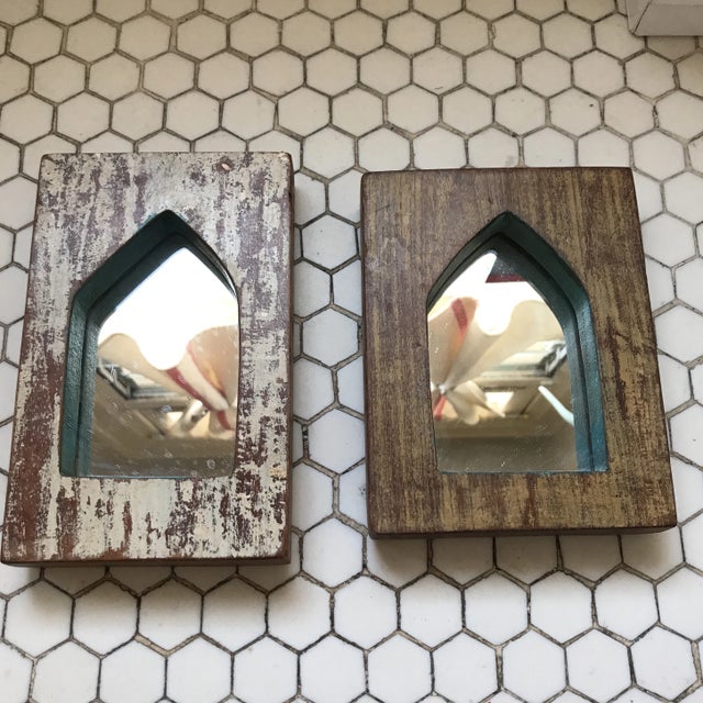 A pair of vintage Indian archway mirrors with distressed painted teak frames. Purchased in India. Small mirror, 6.5"L x...