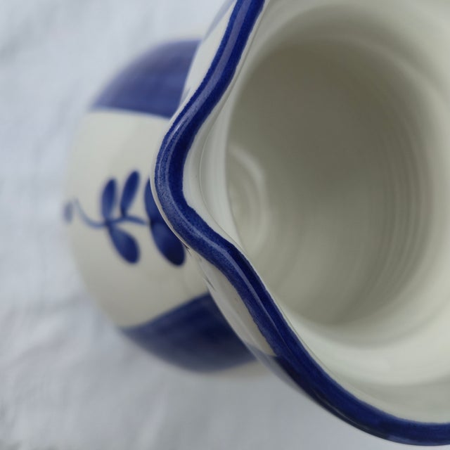 Vintage Hand-Painted Italian Blue & White Ceramic Pitcher | Mediterranean Farmhouse Artisanal Pottery Vase For Sale - Image 4 of 11