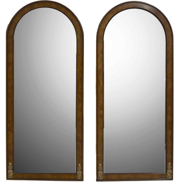 1970s Hollywood Regency Neoclassical Arched Burl Wood Wall Mirrors With Brass Ormolu Detail - A Pair For Sale - Image 9 of 9