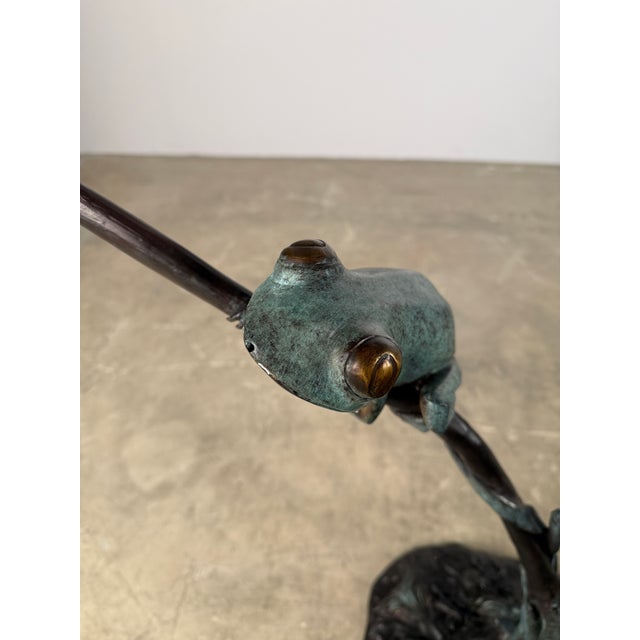 Bronze Frog Fountain Sculpture, 30” Tall, Verdigris Garden Water Feature For Sale - Image 12 of 14