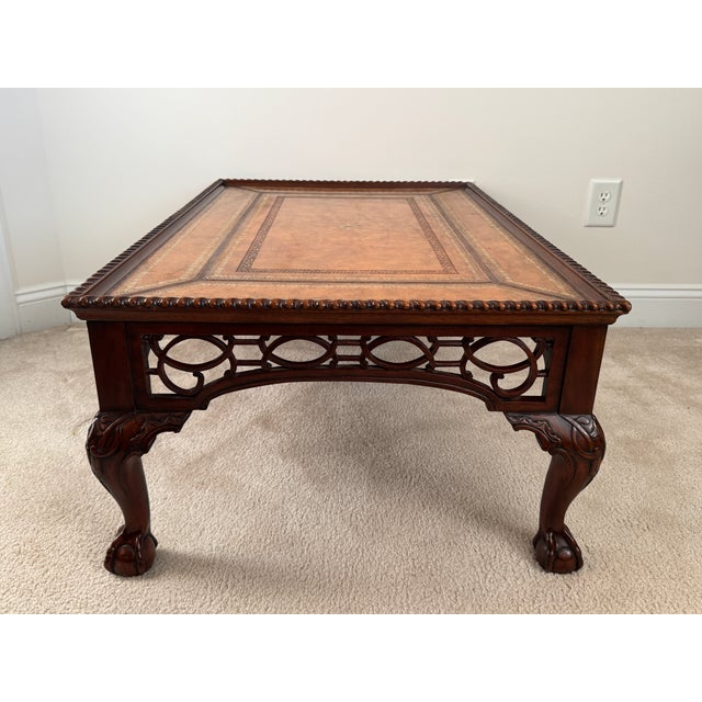 1980s 1980s Maitland-Smith Cocktail Table: Tooled Leather, Carved Fretwork, Ball & Claw Feet For Sale - Image 5 of 12