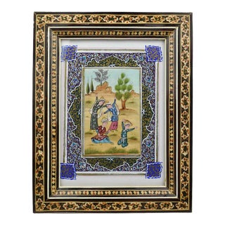 Mid 20th Century Persian Painting With Handmade Inlaid Marquetry Khatam Frame Signed For Sale