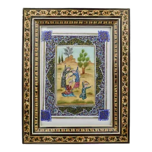 Mid 20th Century Persian Painting With Handmade Inlaid Marquetry Khatam Frame Signed
