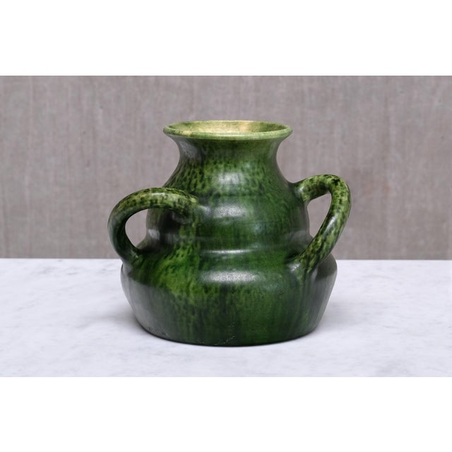 Belgian Art Nouveau Sculptural Green Glazed Tri-Handled Vase, 1910s For Sale - Image 4 of 11