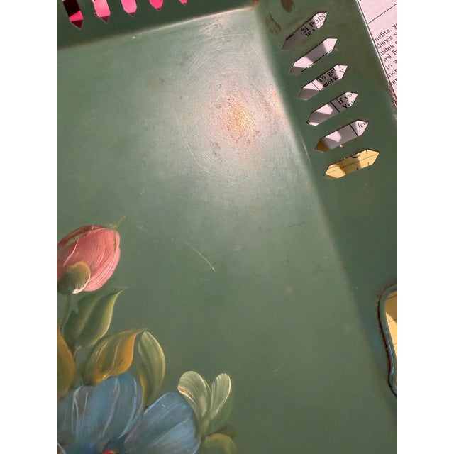 Vintage Floral Toleware Tray, Handpainted in Deep Green and Pastels For Sale - Image 10 of 12