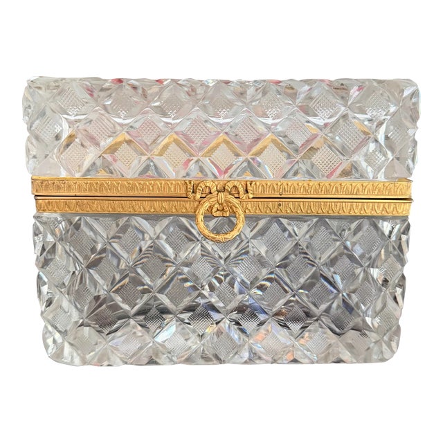 Antique Baccarat (Attrib.) Cut Crystal Glass Casket Box With Bow Clasp For Sale