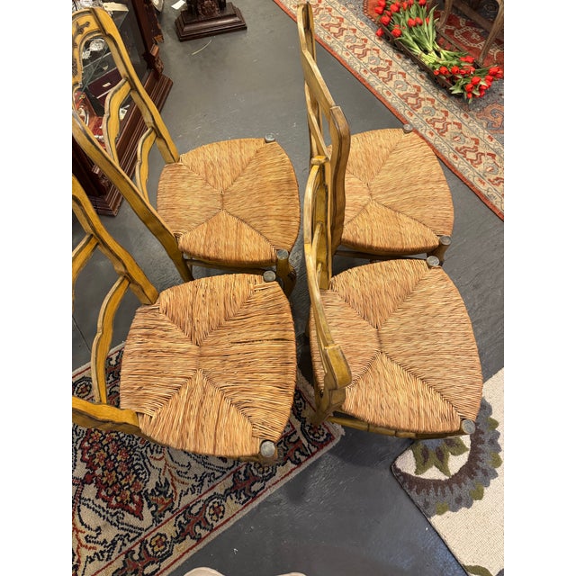 Textile 1970s Pine French Country Style Rush Seat Dining Chairs For Sale - Image 7 of 7