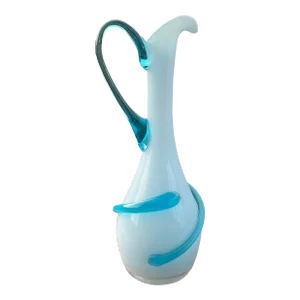 Mid-Century Empoli Cased Glass Pitcher With French Blue Handle and Applied Glass