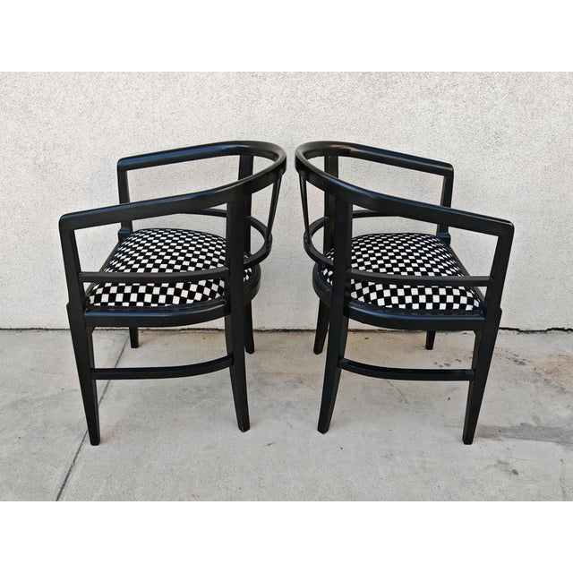 Jugendstil Armchairs in Black Lacquer and Chess Pattern Upholstery, 1890s, Set of 2 For Sale - Image 5 of 12