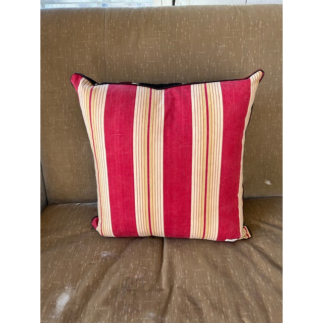 Boho Chic Antique Suzani and Ticking Pillow For Sale - Image 3 of 4