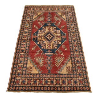 Kazak Rug 4’1” X 6’4” Red Wool Tribal Hand-Knotted Oriental Carpet For Sale