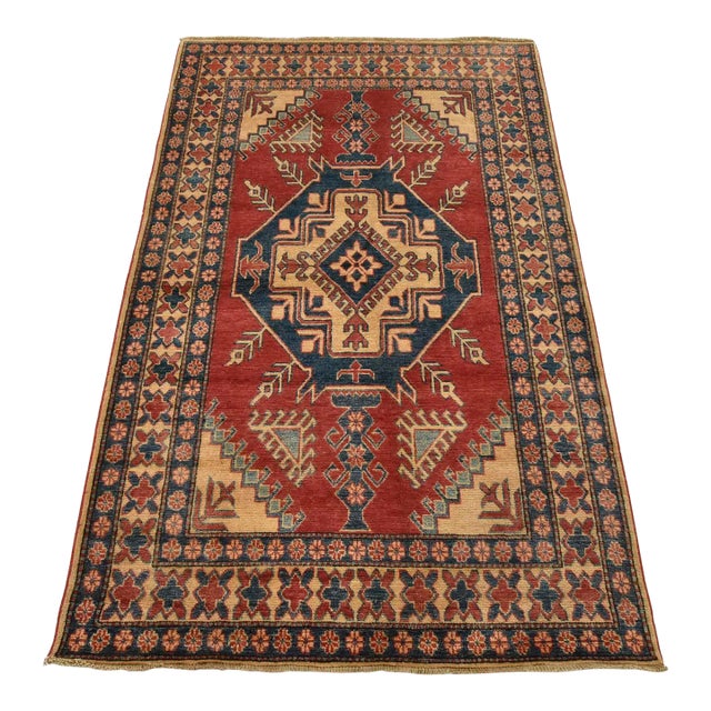 Kazak Rug 4’1” X 6’4” Red Wool Tribal Hand-Knotted Oriental Carpet For Sale