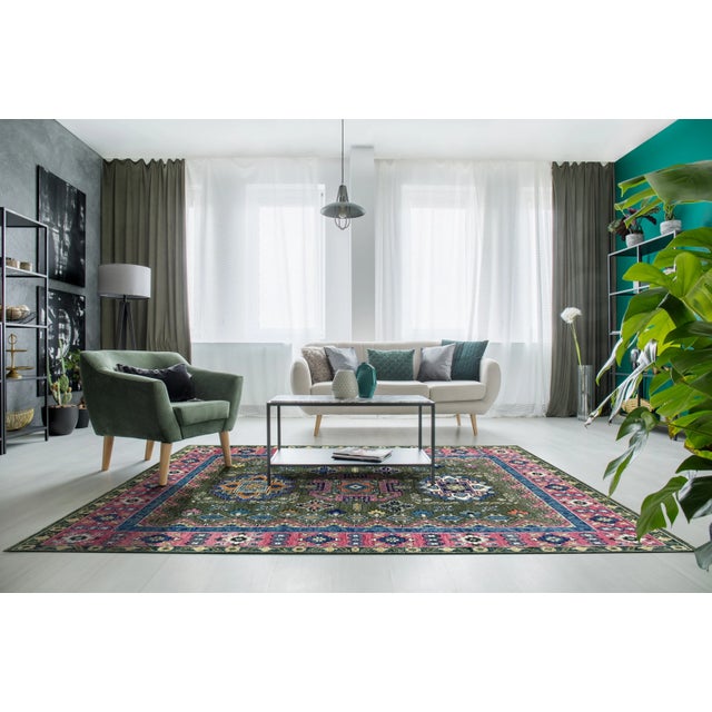 8x10 Penelope Kazak Green Geometric Modern Hand Knotted Wool Carpet Rug For Sale - Image 9 of 10