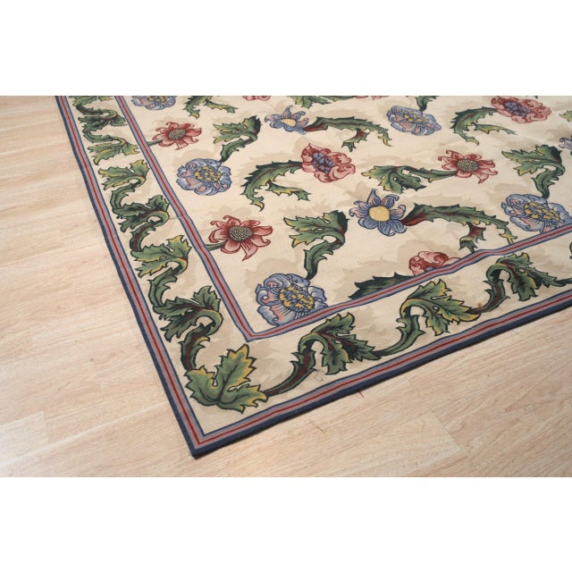 French Country 9x12 Vintage Aubusson Flat Weave Wool Rug, Ivory Garden Blossom For Sale - Image 3 of 12