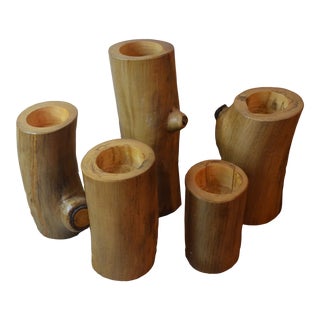 1990s Vintage Hand-Crafted Spalted Wood Candle Holders - Set of 5 For Sale