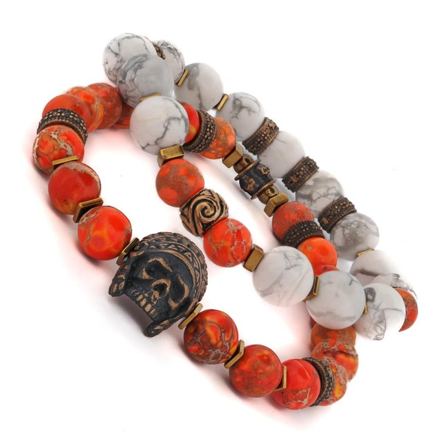 Early 21st Century Warrior Soul Bronze Indian Chief & Jasper Beaded Bracelet Set For Sale - Image 5 of 7
