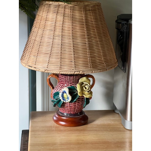 Vintage Barbotine Table Lamp With Wicker Shade For Sale - Image 4 of 12
