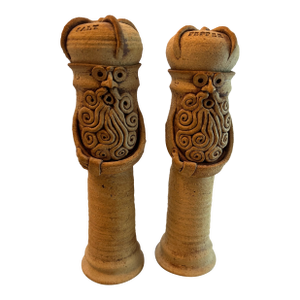 Mid Century Figural Hand Thrown Carved Pottery Salt and Pepper Shakers Marked D. Burgess Interchangeable Hats- a Pair