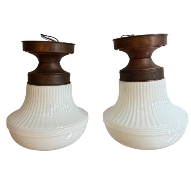 Mid 20th Century Pair of Mid Century Milk Glass Flushmount Ceiling Lights For Sale In Los Angeles - Image 6 of 7