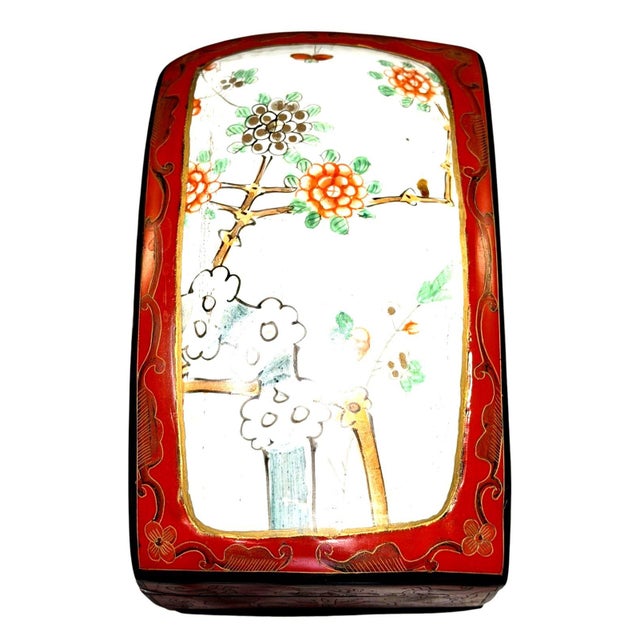 Antique Chinese Red Lacquer Box Porcelain Plaque Metal Inlay C1920 For Sale In Dallas - Image 6 of 18