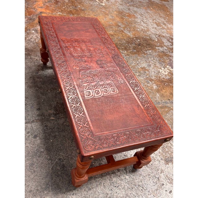 Chavín Culture Peruvian Tooled Leather Table Bench For Sale - Image 9 of 12