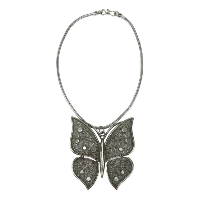 Silver Metal Articulated Butterfly Pendant Necklace, c.1970 For Sale