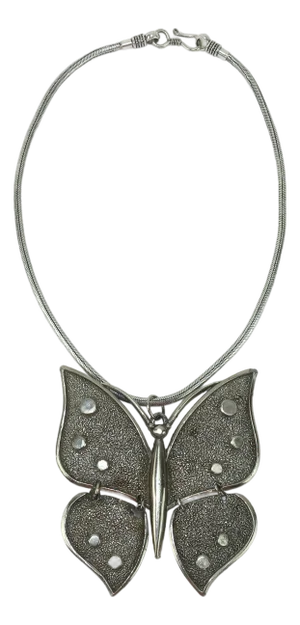 Silver Metal Articulated Butterfly Pendant Necklace, c.1970