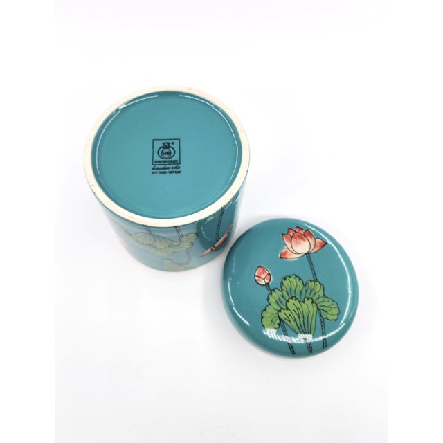 Turquoise Hand-Painted Lotus Ceramic Bathroom Vanity Set 6 Pieces in Turquoise Glaze For Sale - Image 8 of 9