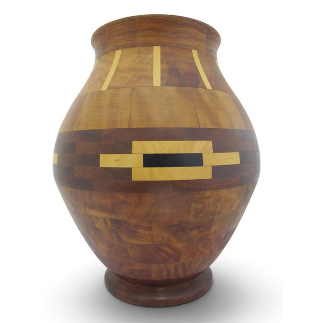 Mid-Century Modern Pacific Nw Hand Turned Segmented Southwest Geometric Inlaid Wood Vase For Sale - Image 3 of 11