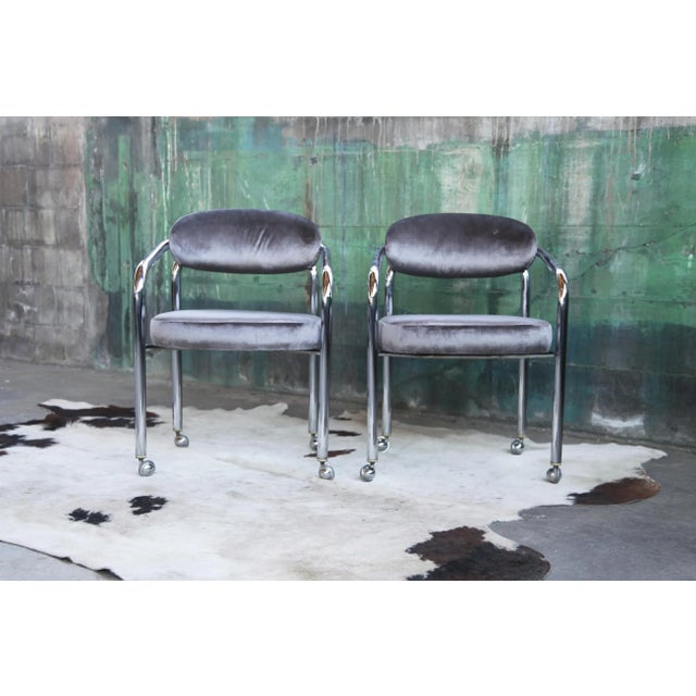 Chrome PostModern Chrome Tubular Armchair in Grey Velvet on Casters For Sale - Image 8 of 13