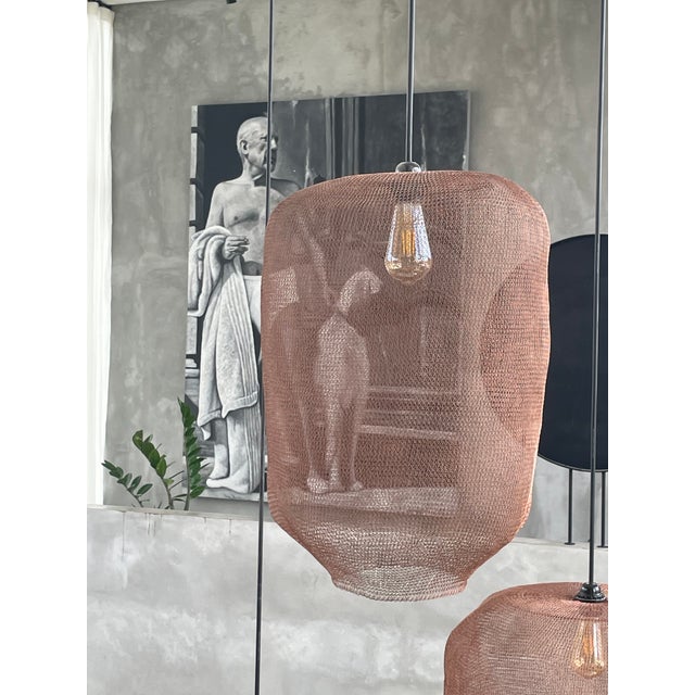 Contemporary 21st Century Handcrafted Knitted Barrel Lamp in Copper Color, D40cm For Sale - Image 3 of 12