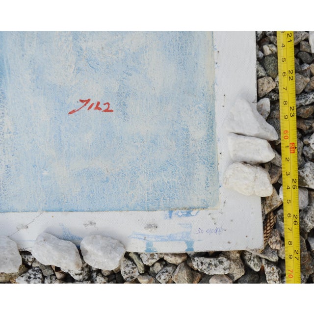 1995 Vintage Cubist Sky Blue Oil Painting on Canvas, Signed Dated For Sale - Image 12 of 13