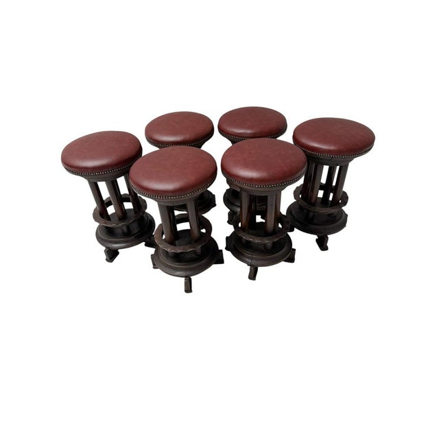 Vintage Art Deco Amsterdamse School Stools with Leather Tops, 1920s, Set of 6 For Sale - Image 14 of 14
