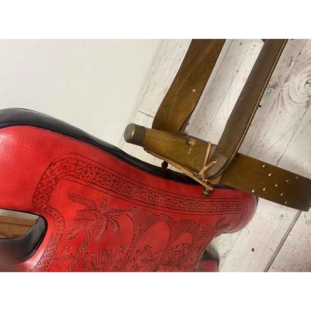 Mid-Century Camel Saddle or Footstool with Printed Red Leather For Sale - Image 14 of 18
