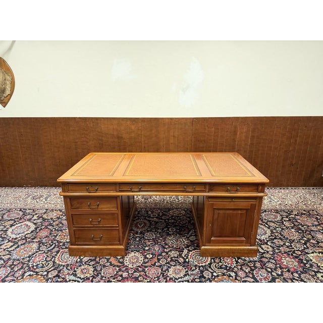 Large English Desk with Brown Leather For Sale - Image 4 of 18