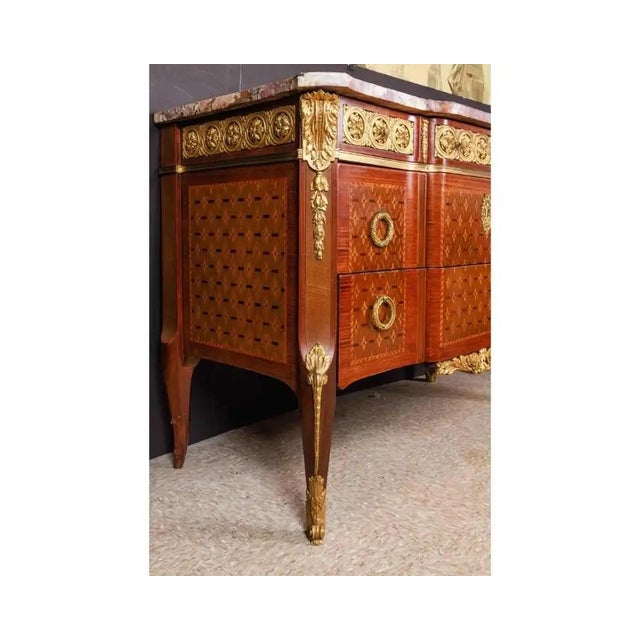 Wood French Louis XVI Style Ormolu-Mounted Marquetry and Parquetry Commode For Sale - Image 7 of 12